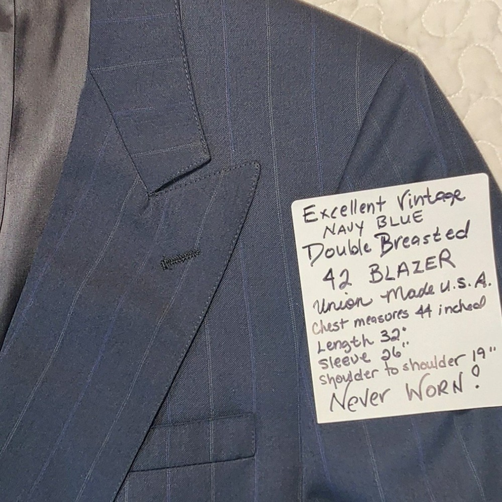 42 Vtg Peak Lapel Double Breasted Navy Blue BLAZER Fine Wool Union USA